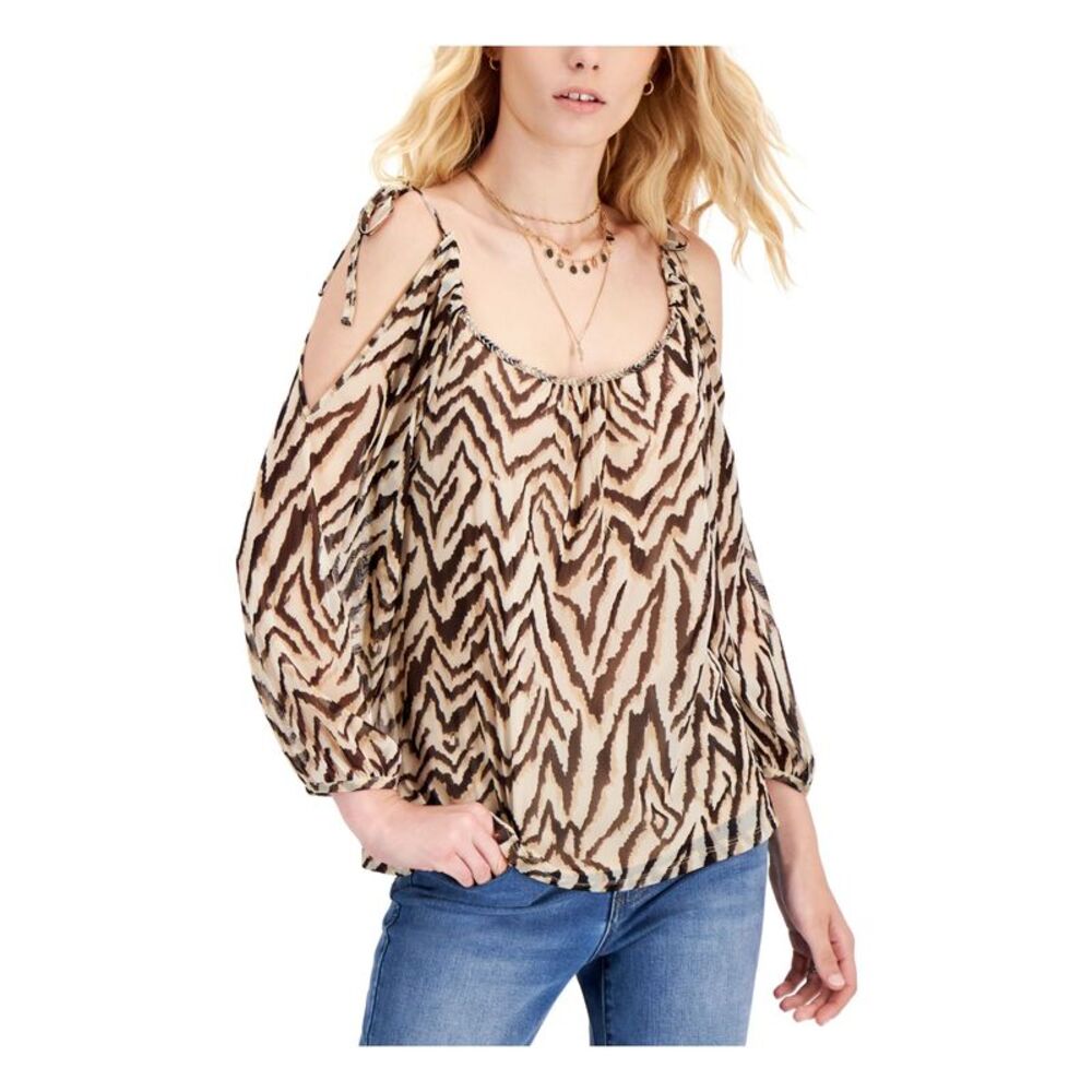 INC Womens Brown Embellished Tie Shoulders Lined 3/4 Sleeve Scoop Neck Top XS